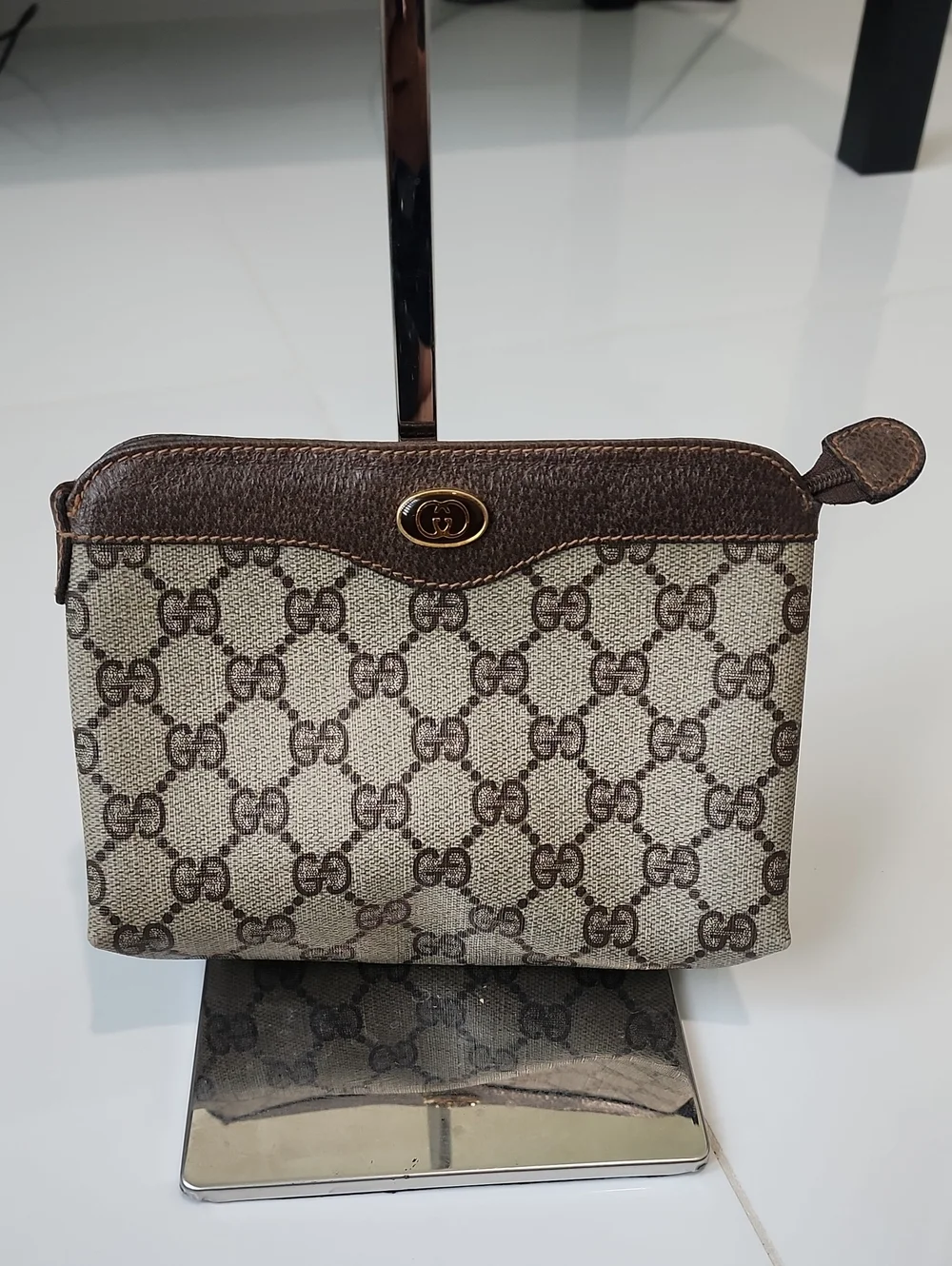 Gucci Brown GG Canvas Cosmetic Pouch with Leather Trim